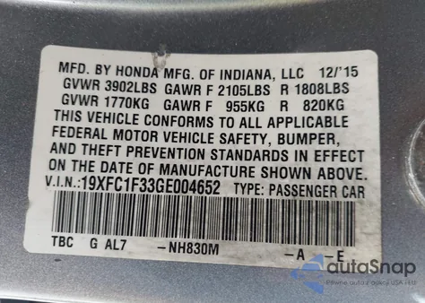 2016 Honda Civic Ex-T from USA, damaged, VIN 19XFC1F33GE004652